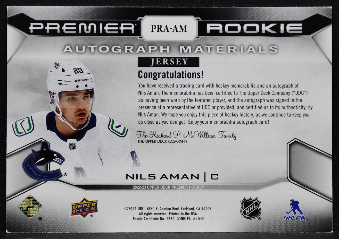 2022-23 UD Premier Rookie Autograph Materials Nils Aman PRA-AM RC Auto 70/99