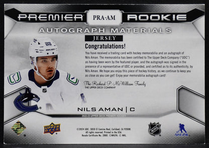 2022-23 UD Premier Rookie Autograph Materials Nils Aman PRA-AM RC Auto 70/99