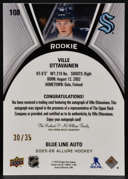 2025-26 UD Allure RC Blue Line Ville Ottavainen 108 Kraken RC Auto 30/35 4562