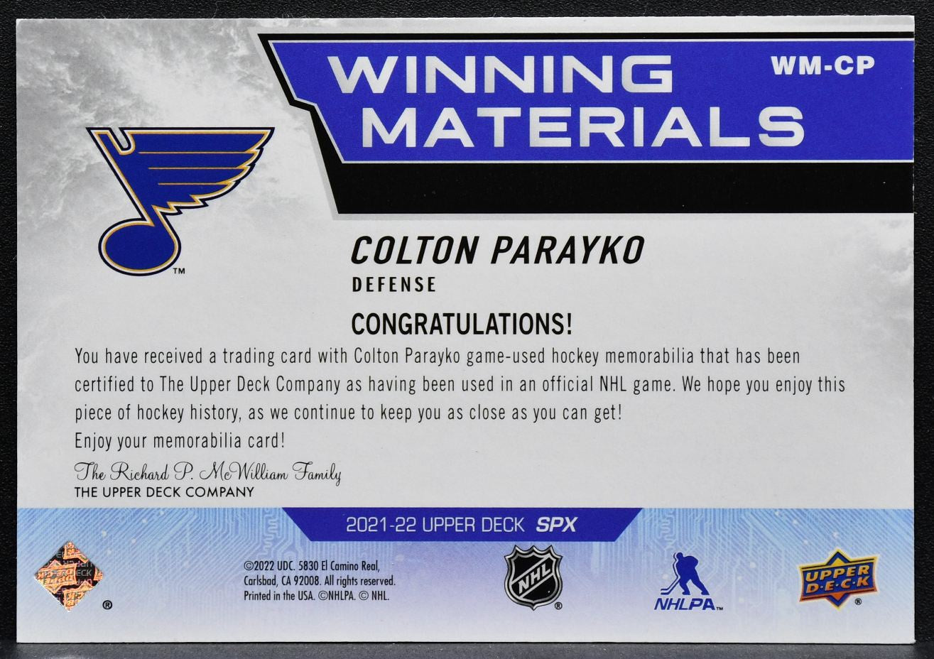 2021-22 SPx Winning Materials Colton Parayko WM-CP St. Louis Blues Jersey 3383