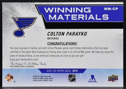 2021-22 SPx Winning Materials Colton Parayko WM-CP St. Louis Blues Jersey 3383