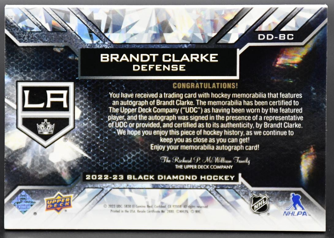 2022-23 UD Black Diamond Brandt Clarke DD-BC Los Angeles Kings RC Auto /49 Patch
