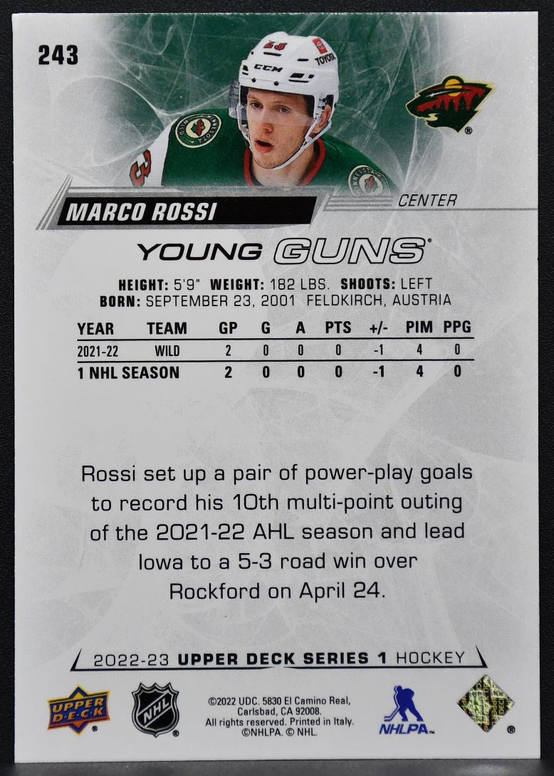 2022-23 Upper Deck Series 1 Young Guns Marco Rossi 243 Minnesota Wild RC 7429
