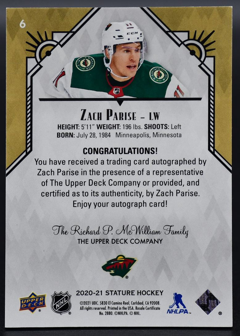 Carte autographe UD Stature 2020-21 de Zach Parise (n° 6) des Minnesota Wild