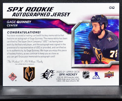 2020-21 SPx Rookie Jersey Auto Gage Quinney Auto 325/375 Jersey 0147