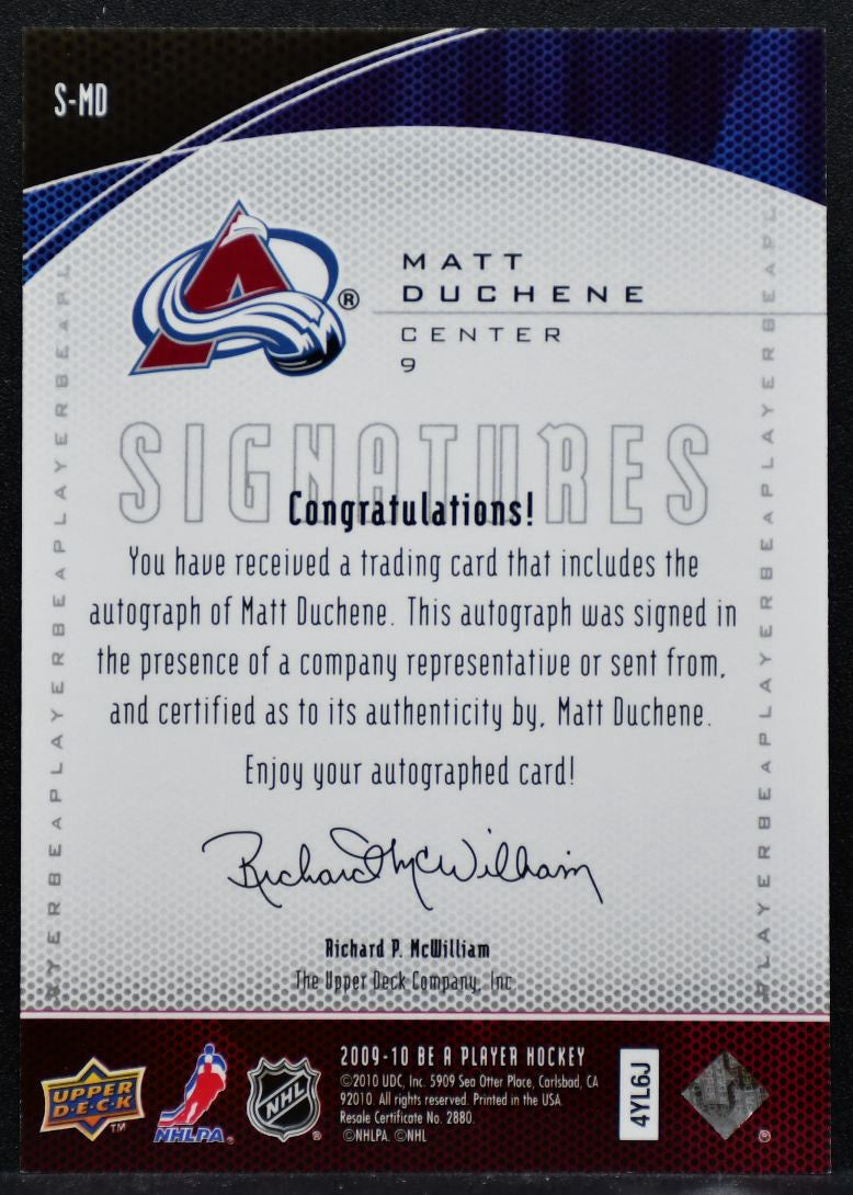 2009-10 Upper Deck Be A Player Signatures Matt Duchene S-MD Avalanche Auto 5955