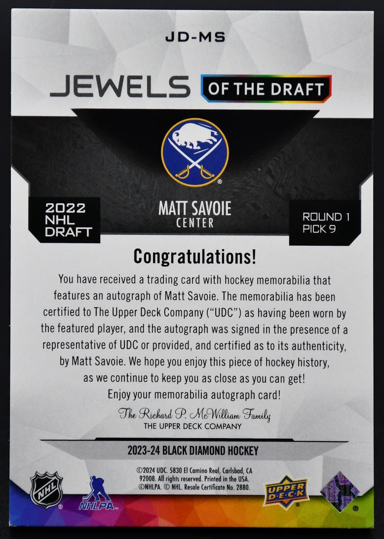 2023-24 UD Black Diamond Jewels of the Draft Savoie Sabres Auto /49 Patch