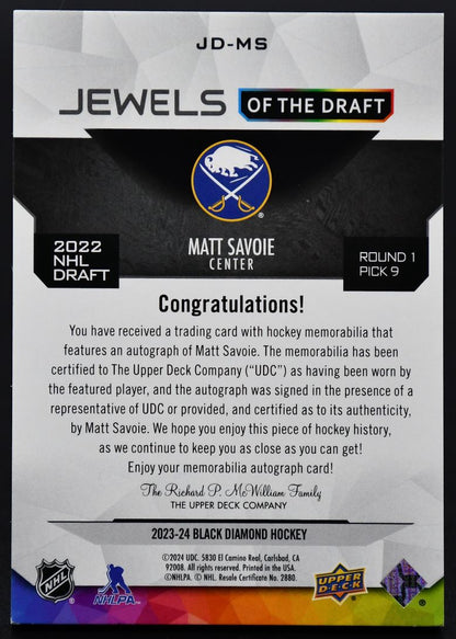 2023-24 UD Black Diamond Jewels of the Draft Savoie Sabres Auto /49 Patch