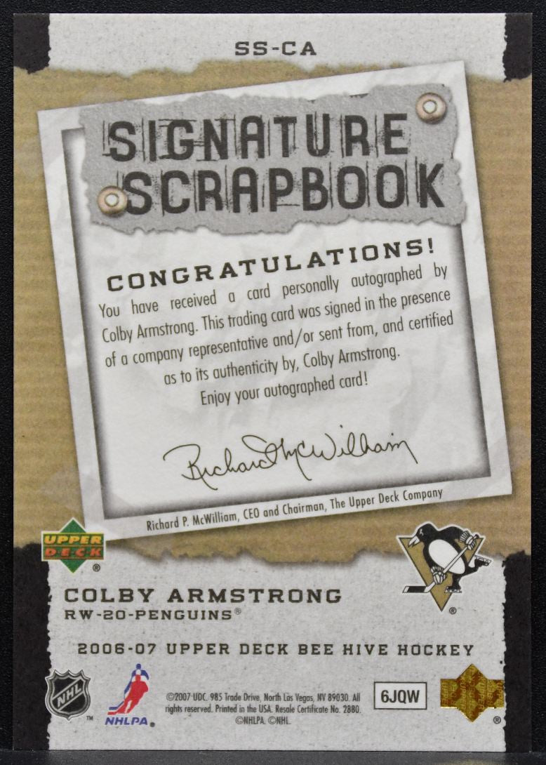 2006-07 UD Bee Hive Signature Scrapbook Colby Armstrong Penguins Auto 7217