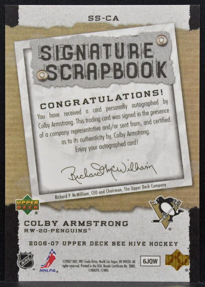2006-07 UD Bee Hive Signature Scrapbook Colby Armstrong Penguins Auto 7217