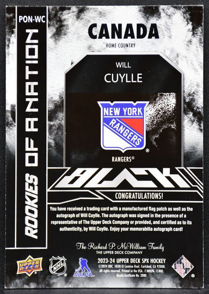2023-24 SPx UD Black Rookies of a Nation Auto Patch Will Cuylle PON-WC RC 99
