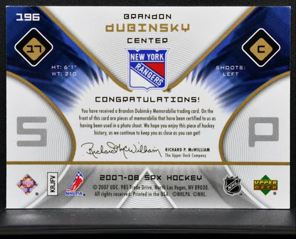 2007-08 SPx Rookie Jersey Brandon Dubinsky 196 RC /1599 Jersey 4221