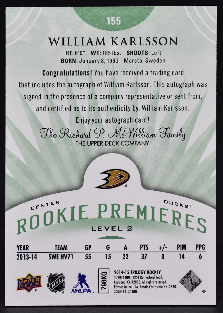 2014-15 UD Trilogy Rookie Premiers William Karlsson 155 RC Auto 35/99