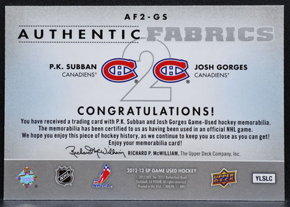 2012-13 SP Game Used Authentic Fabrics Dual Subban/Gorges Canadiens Jersey 0677