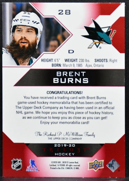 2019-20 Upper Deck Trilogy Red Foil Material Brent Burns 28 Sharks Jersey 5504