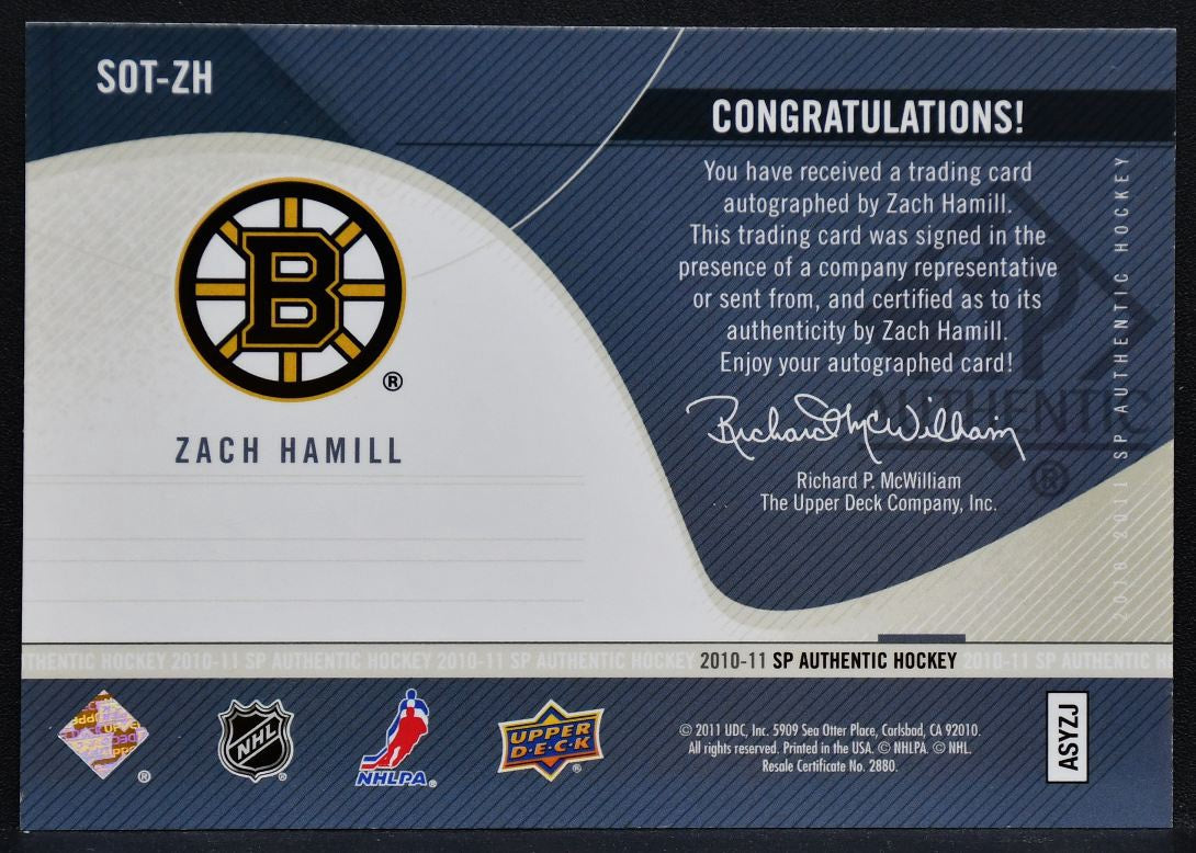 2010-11 SP Authentic Sign of the Times Zach Hamill SOT-ZH Bruins Auto 9574