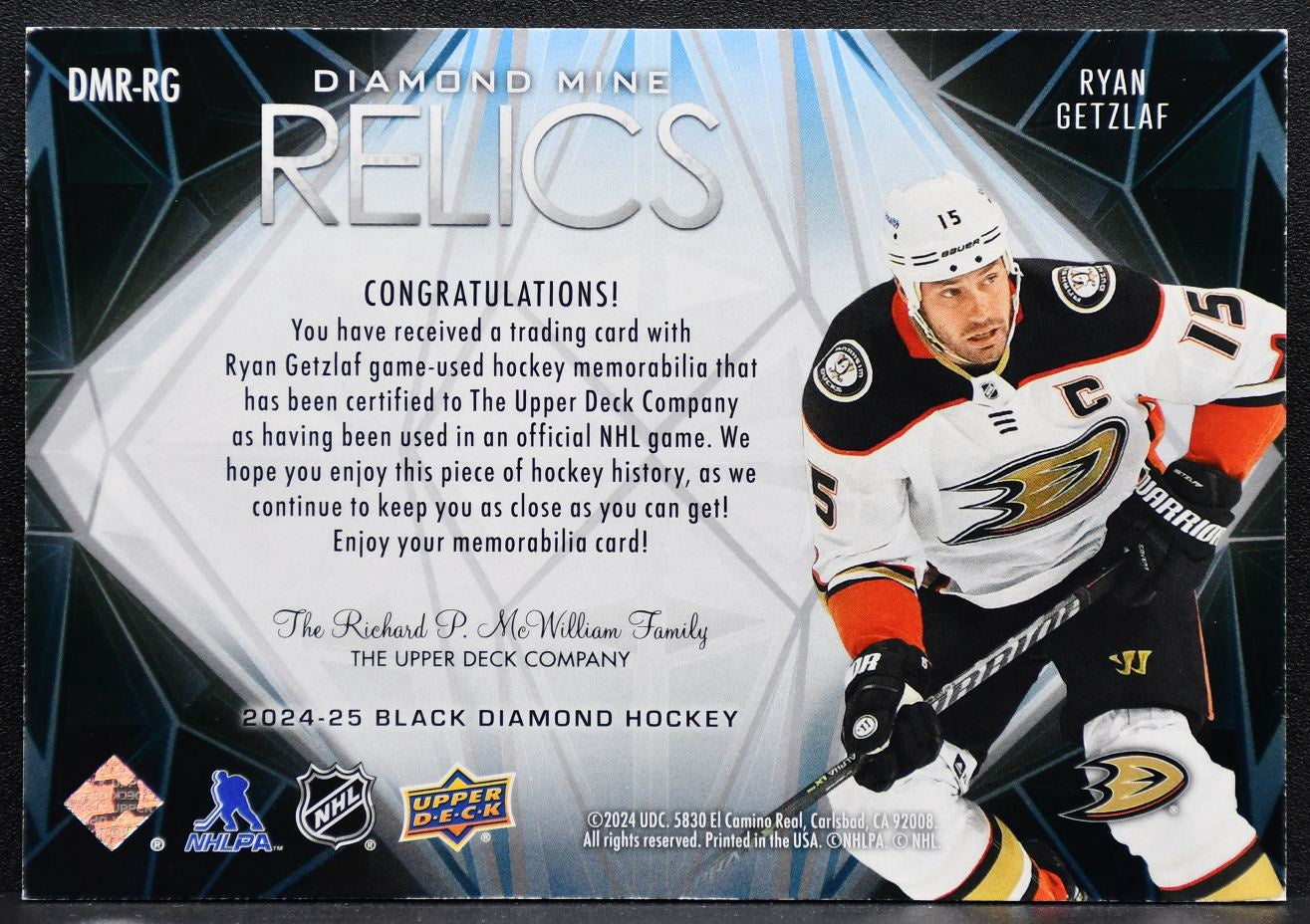 2024-25 UD Black Diamond Mine Relics Ryan Getzlaf DMR-RG Ducks Jersey 3369