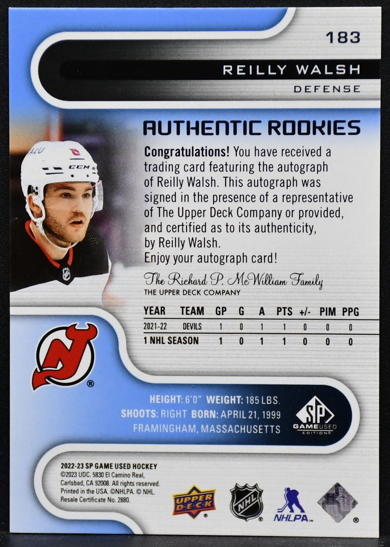 2022-23 SP Game Used Authentic Rookies Blue Auto Reilly Walsh 183 RC Auto