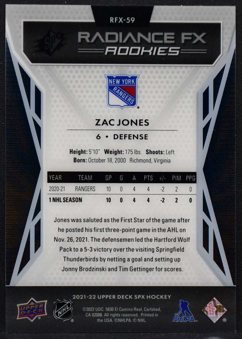 2021-22 SPx Radiance F/X Rookies Gold Zac Jones RFX-59 New York Rangers RC 09/50 2172