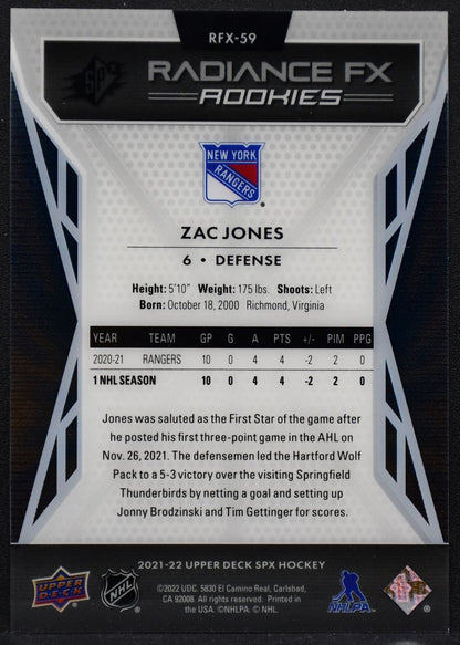 2021-22 SPx Radiance F/X Rookies Gold Zac Jones RFX-59 New York Rangers RC 09/50 2172