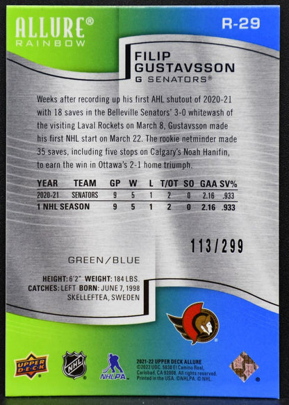 2021-22 Upper Deck Allure Rainbow Green-Blue Filip Gustavsson RC 113/299 1289