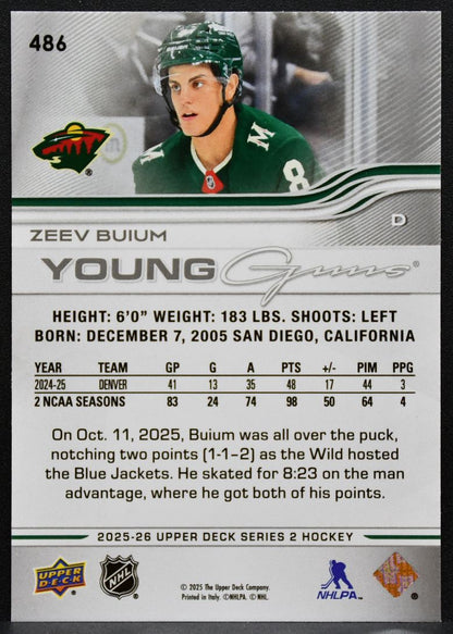 2025-26 Upper Deck Series 2 Young Guns Zeev Buium 486 Minnesota Wild RC 5176