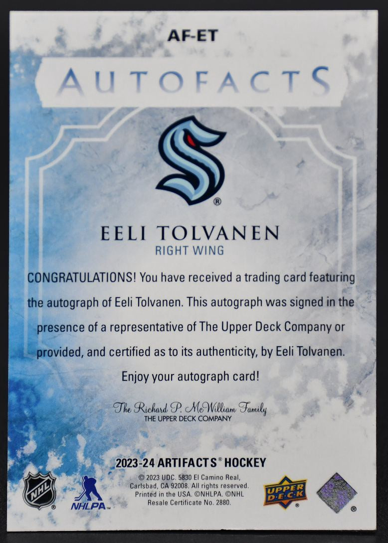 2023-24 UD Artifacts Eeli Tolvanen AF-ET Seattle Kraken Auto