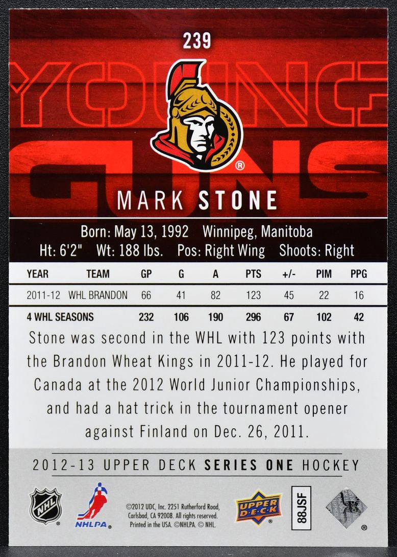 2012-13 Upper Deck Series 1 Young Guns Mark Stone 239 Ottawa Senators RC 8982