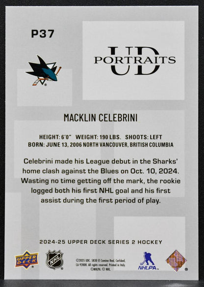 2024-25 Upper Deck Series 2 UD Portraits Macklin Celebrini P37 Sharks 5312