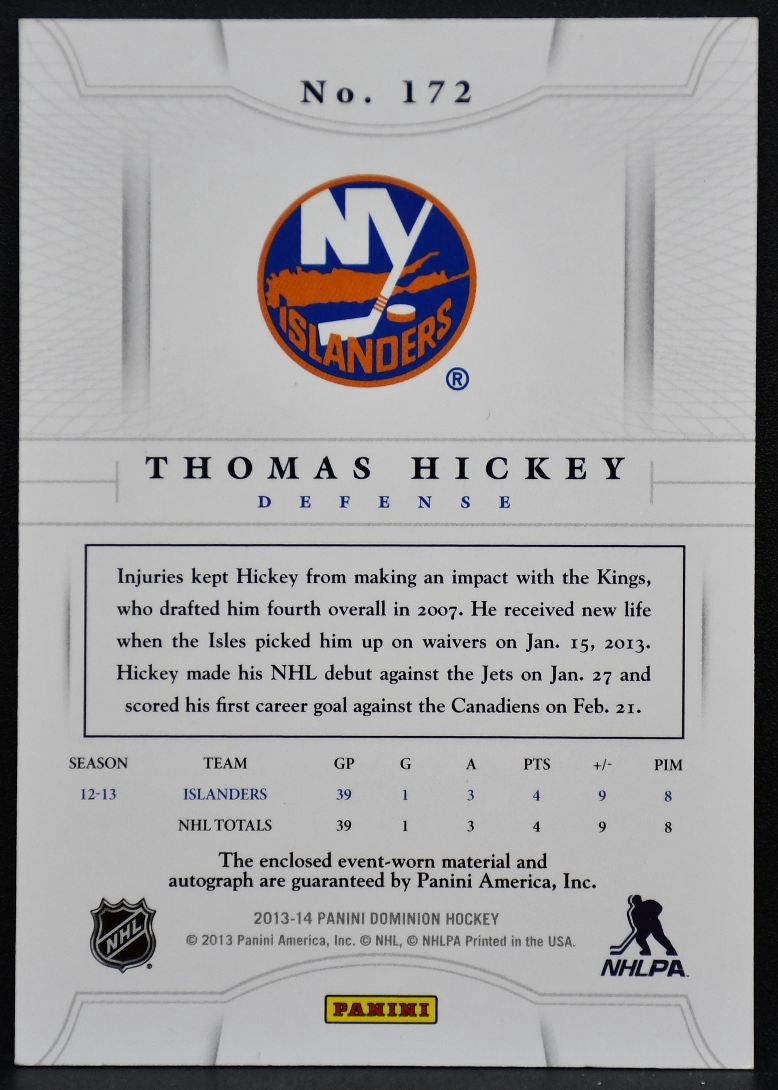 2013-14 Panini Dominion Patch Hickey 172 Islanders RC Auto 161/299 Patch 0386
