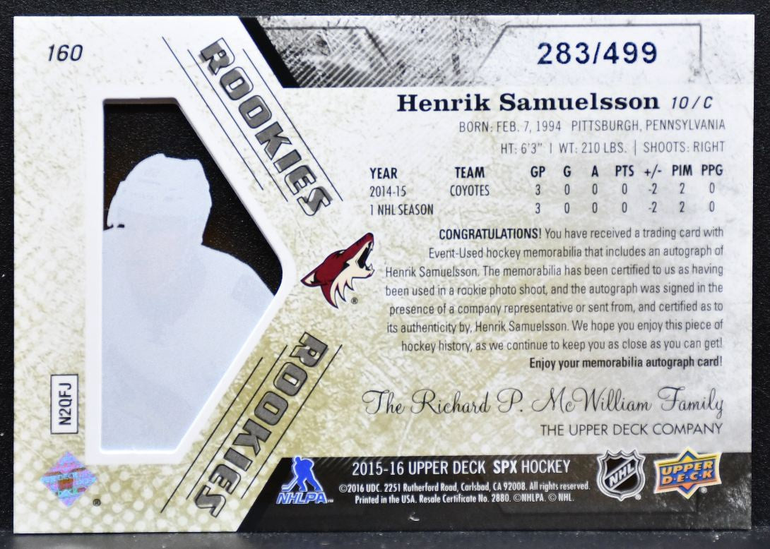 2015-16 SPx Rookie Jersey Auto Samuelsson RC Auto 283/499 Jersey 6242