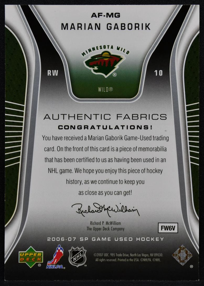 2006-07 SP Game Used Authentic Fabrics Marian Gaborik AF-MG Wild Jersey 3251