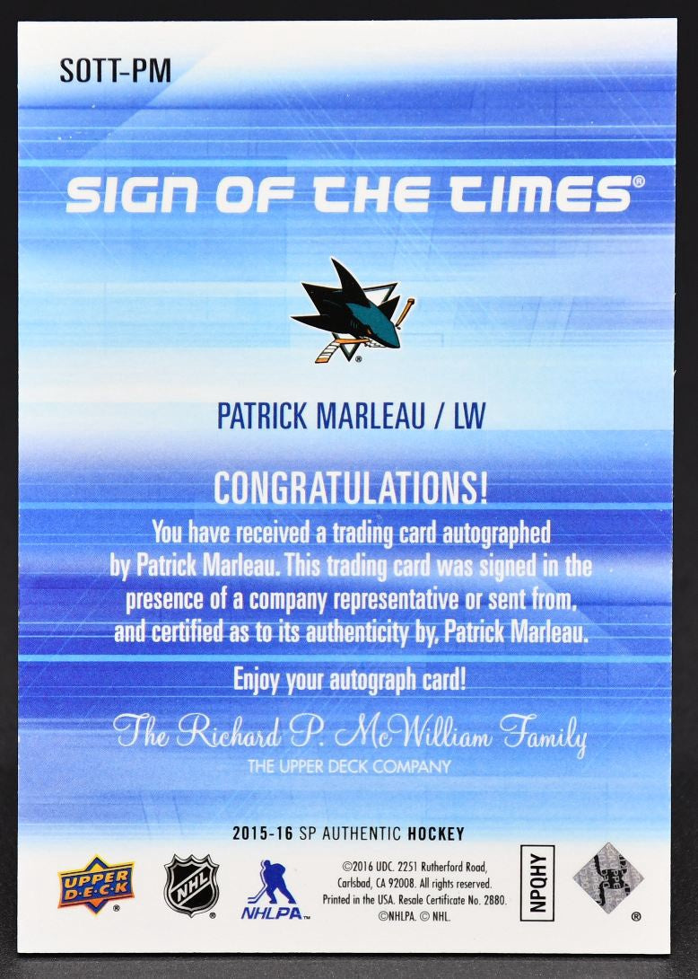 2015-16 SP Authentic Sign of the Times Patrick Marleau SOTT-PM Auto