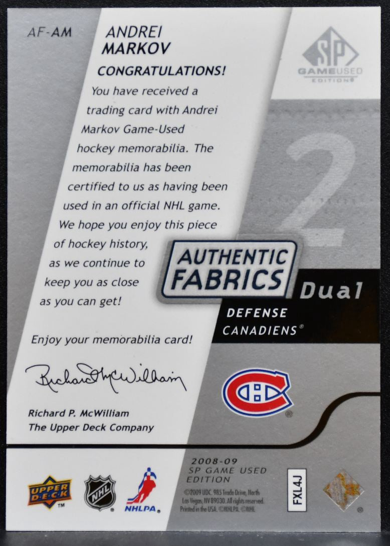 2008-09 SP Game Used Authentic Fabrics Dual Andrei Markov Canadiens Jersey 8758
