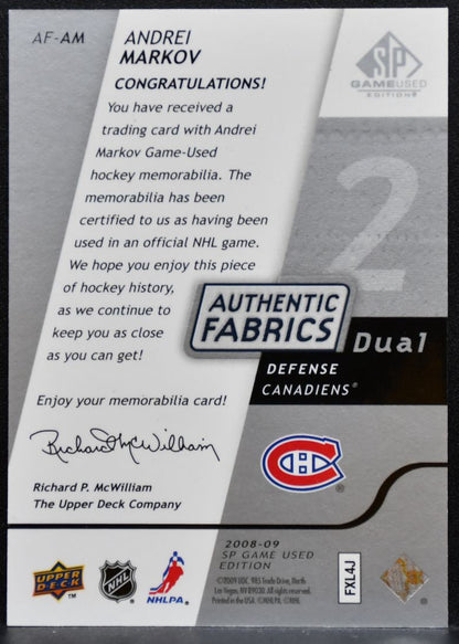 2008-09 SP Game Used Authentic Fabrics Dual Andrei Markov Canadiens Jersey 8758
