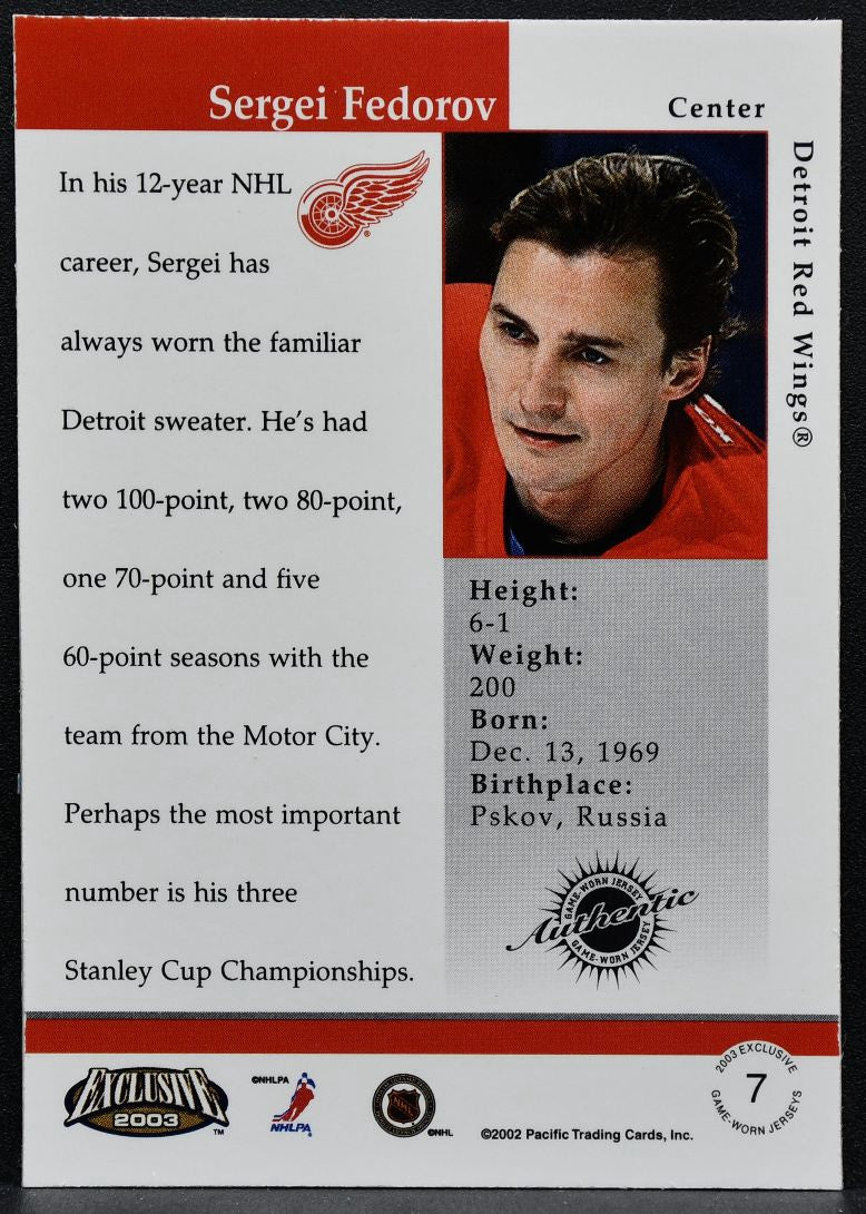 2002-03 Pacific Exclusive Jerseys Sergei Fedorov 7 Detroit Red Wings Jersey 3452