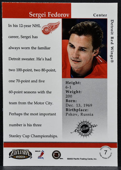 2002-03 Pacific Exclusive Jerseys Sergei Fedorov 7 Detroit Red Wings Jersey 3452