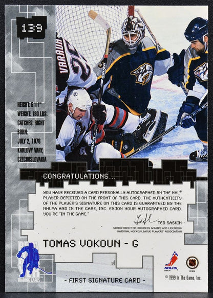 1999-100 In The Game Millennium Signature Series Tomas Vokoun 139 Auto 4839