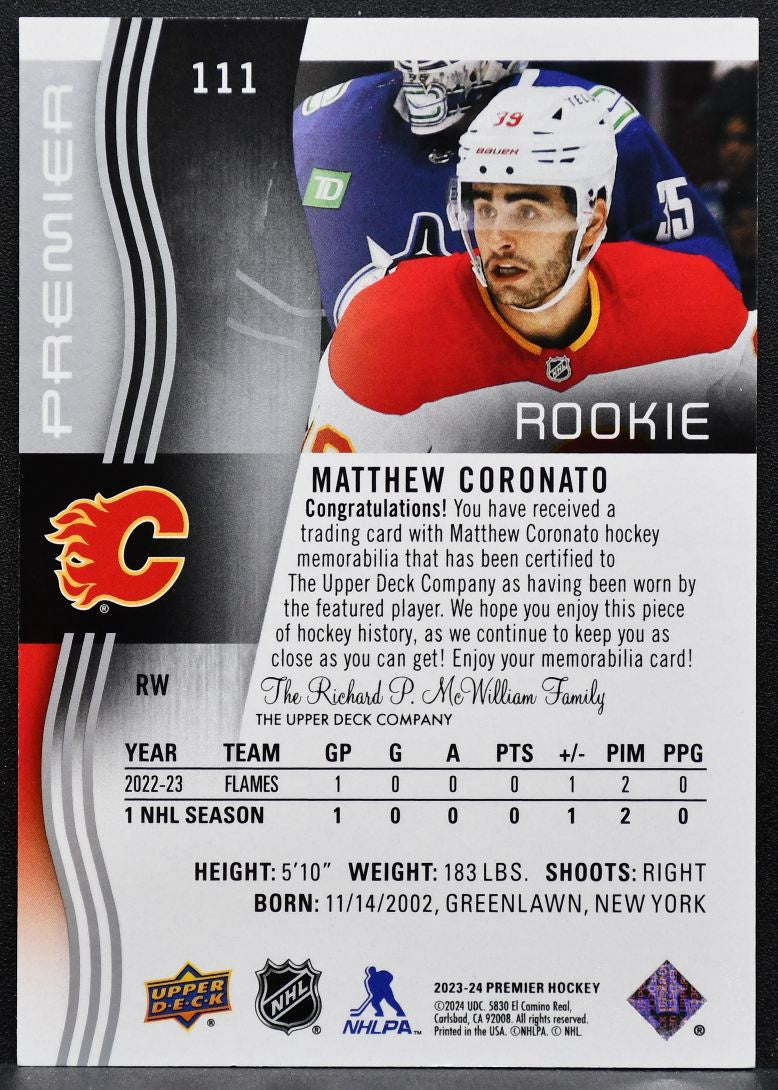 2023-24 UD Premier Rookie Jersey Matthew Coronato 111 Flames RC Jersey 6101