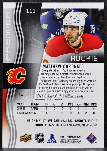 2023-24 UD Premier Rookie Jersey Matthew Coronato 111 Flames RC Jersey 6101