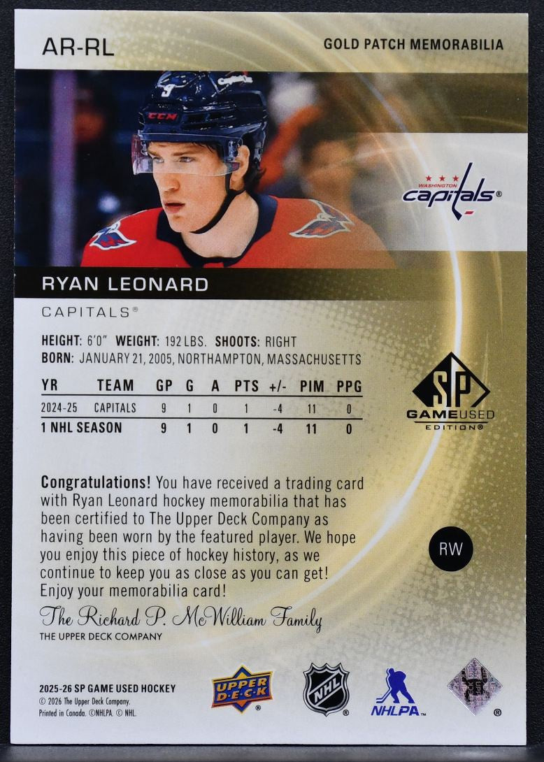 25-26 SP Game Used Authentic RC Gold Patch Memorabilia Leonard Capitals RC /25 7536