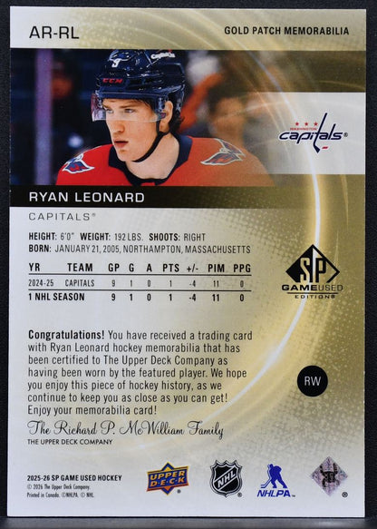25-26 SP Game Used Authentic RC Gold Patch Memorabilia Leonard Capitals RC /25 7536