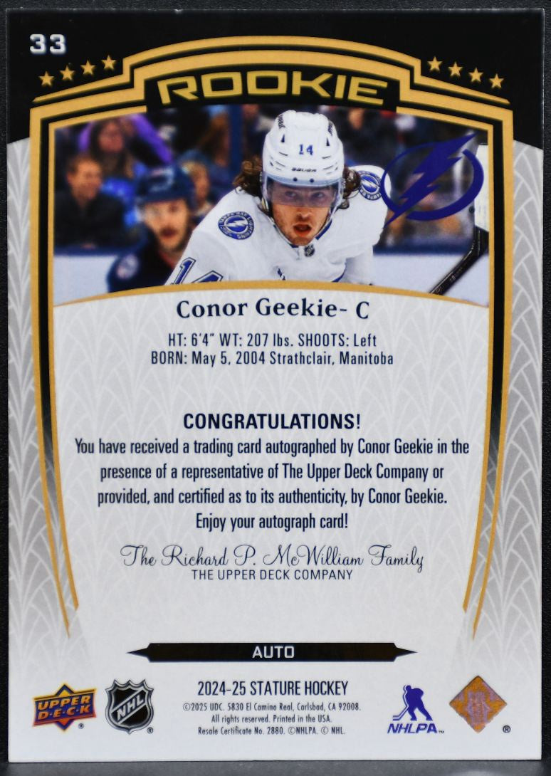 2024-25 Upper Deck Stature Rookie Auto Conor Geekie 33 Lightning RC Auto 4694