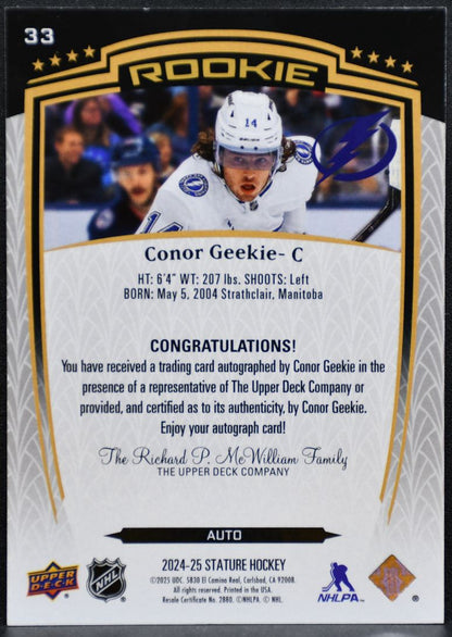 2024-25 Upper Deck Stature Rookie Auto Conor Geekie 33 Lightning RC Auto 4694