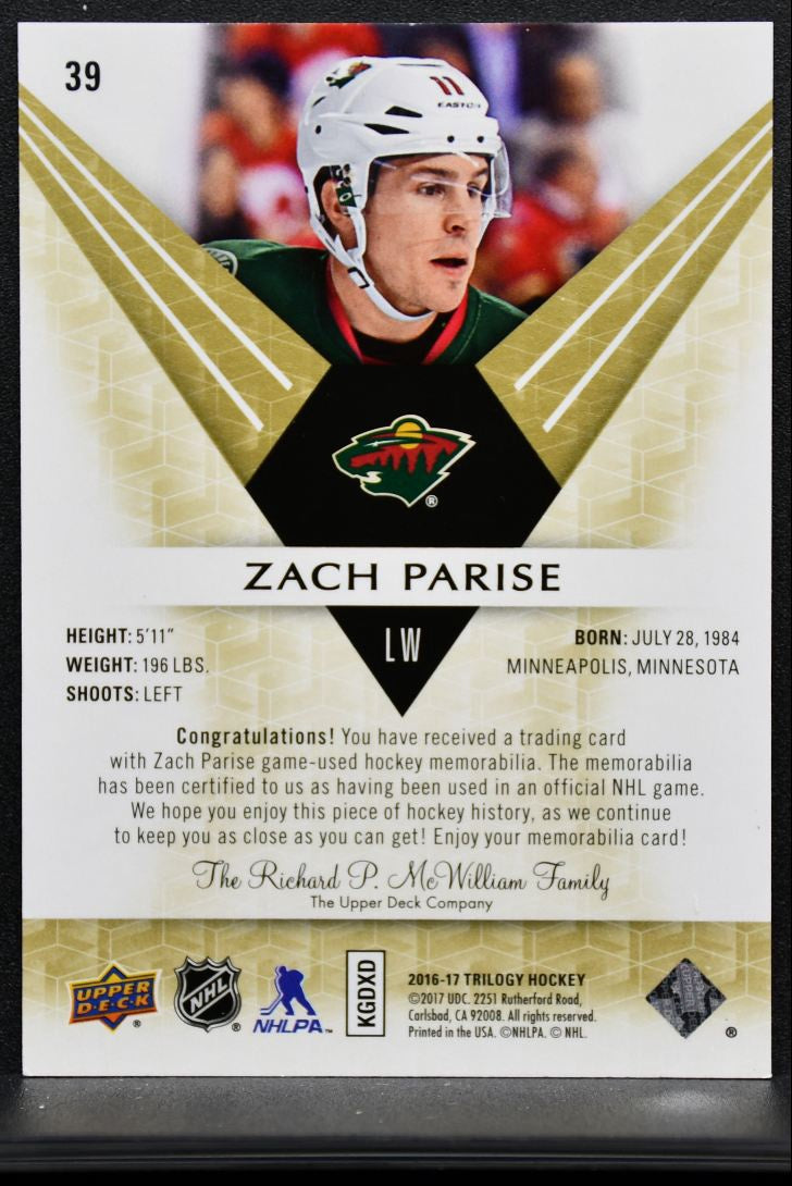 2016-17 UD Trilogy Green Foil Jersey Zach Parise 39 /299 Jersey 4030