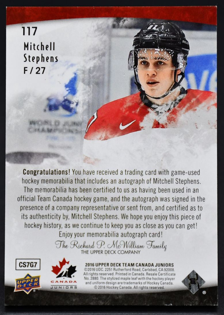 2016-17 UD Team Canada Juniors Auto Patch Mitchell Stephens 117 Auto /199 Patch