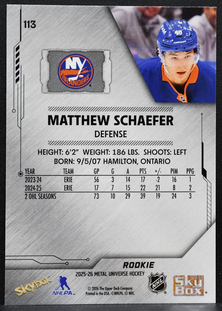 2025-26 SkyBox Metal Universe Rookie Matthew Schaefer New York Islanders RC 1914