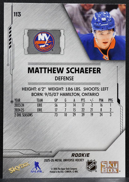 2025-26 SkyBox Metal Universe Rookie Matthew Schaefer New York Islanders RC 1914