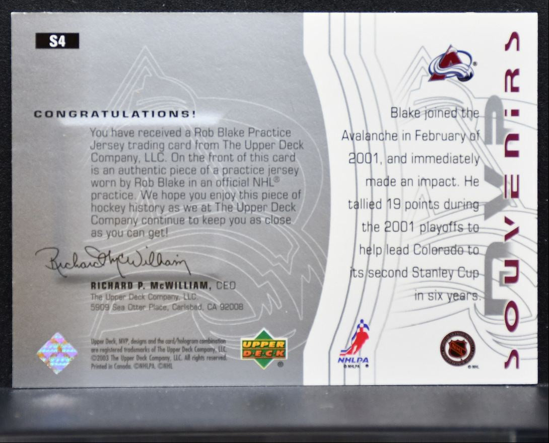 2003-04 Upper Deck MVP Souvenirs Rob Blake S4 Colorado Avalanche Jersey 2431