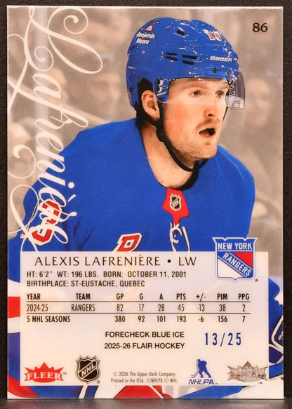 2025-26 Flair Image B Variant Blue Ice Alexis Lafreniere 86 Rangers 13/25 4629